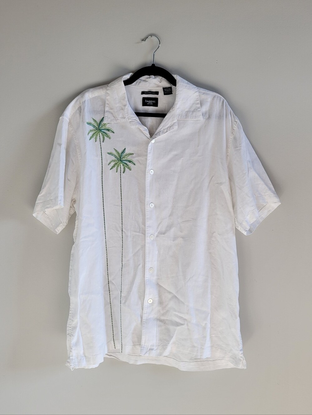 Vintage Haggar Linen Blend Embroidered Palm Tree Camp Shirt White Men's XL
